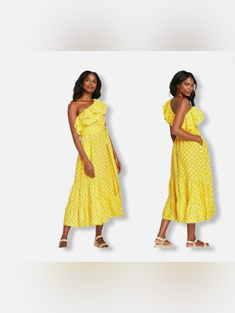 Lisa Marie Fernandez Yellow One-Shoulder Ruffle Midi Dress with White Dot Print